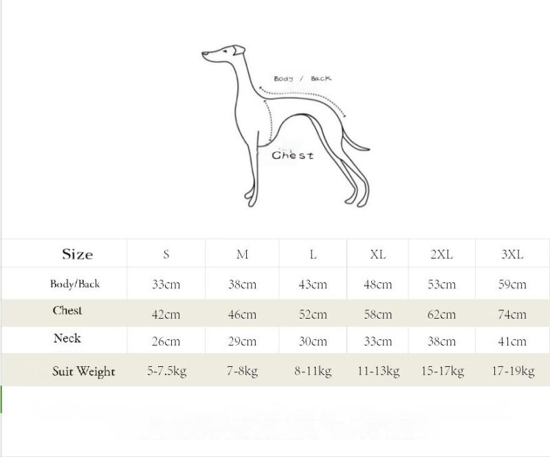 Whipet Dog Clothing Size Chart